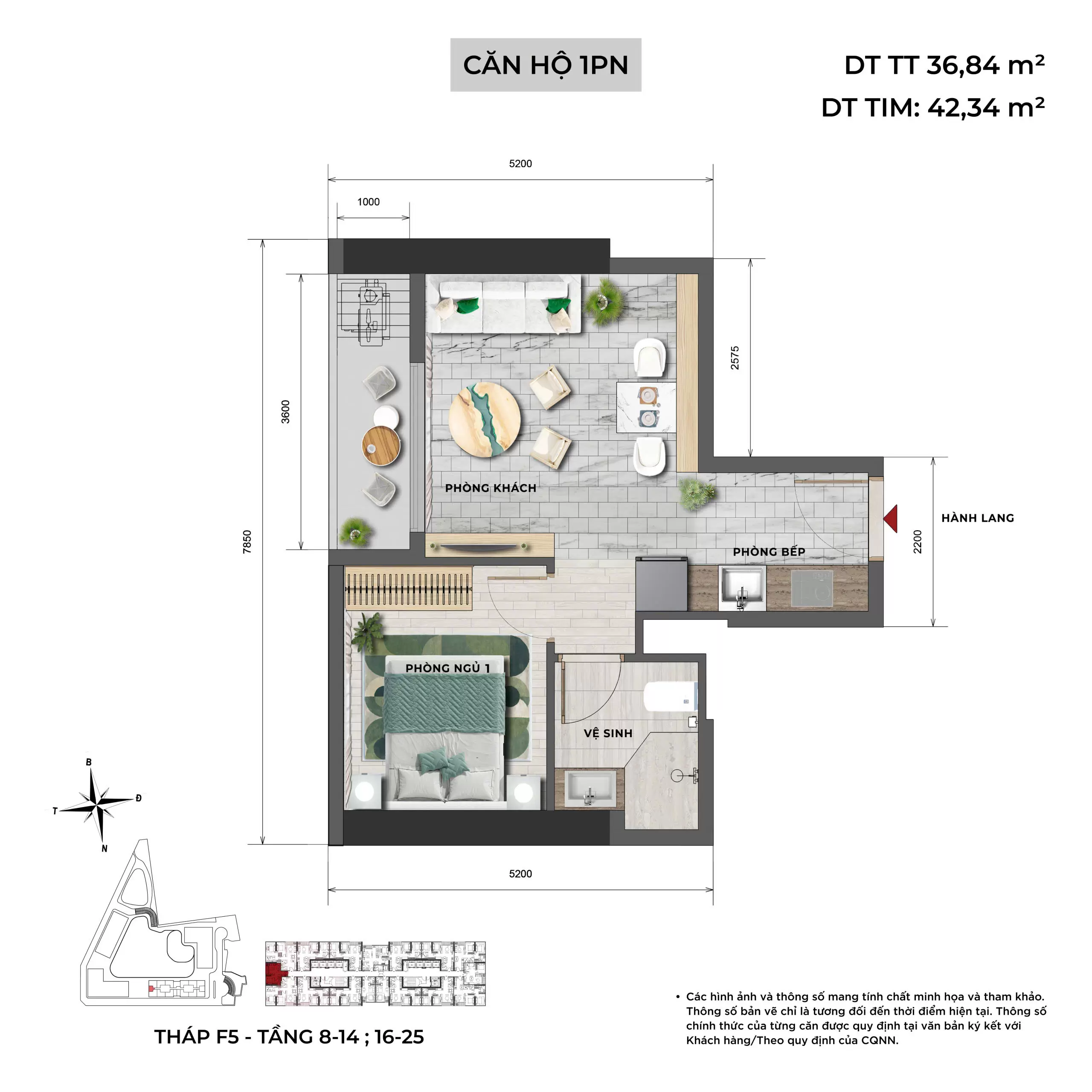 Layout căn 1pn tòa F5 Sun Feliza