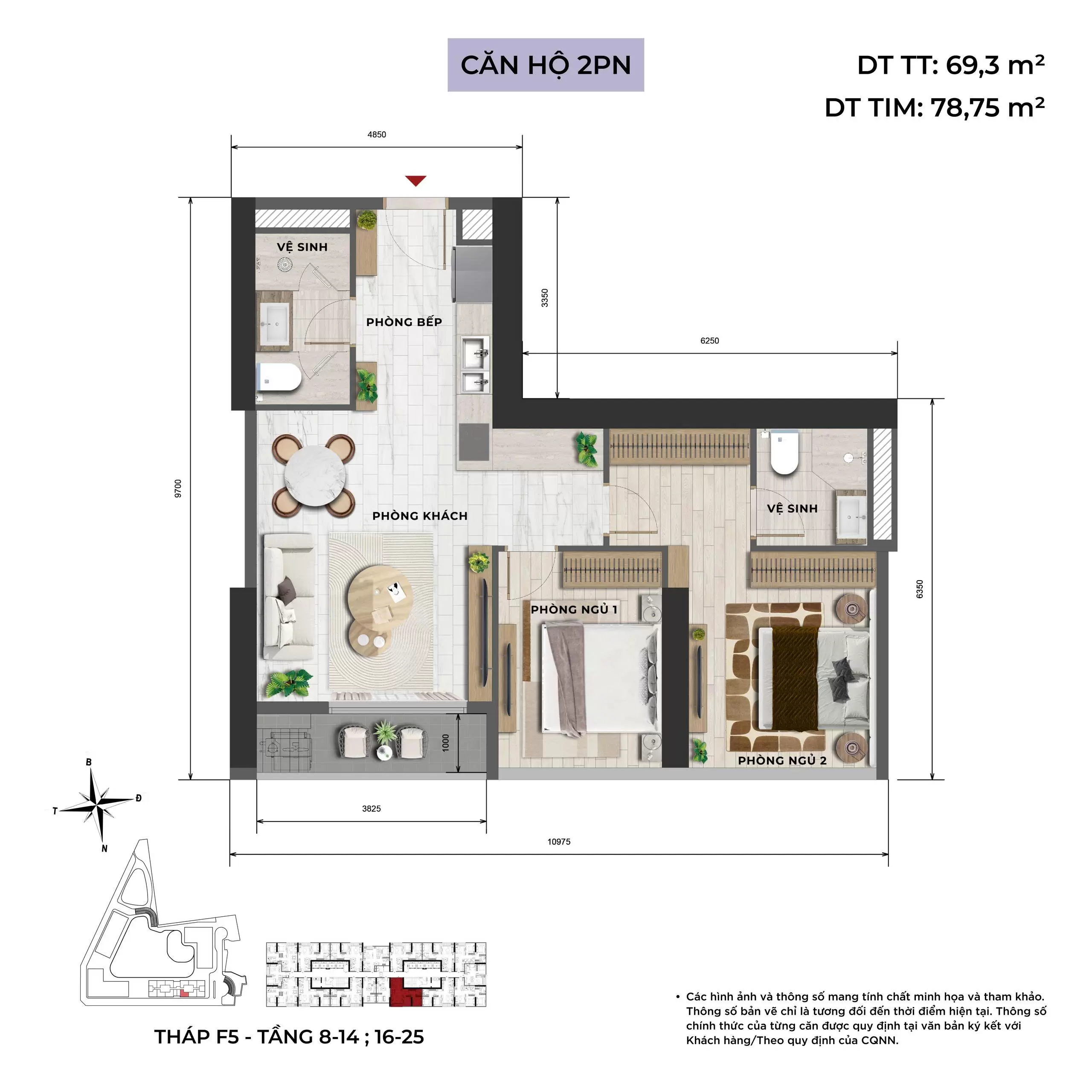 Layout căn 2pn tòa F5 Sun Feliza