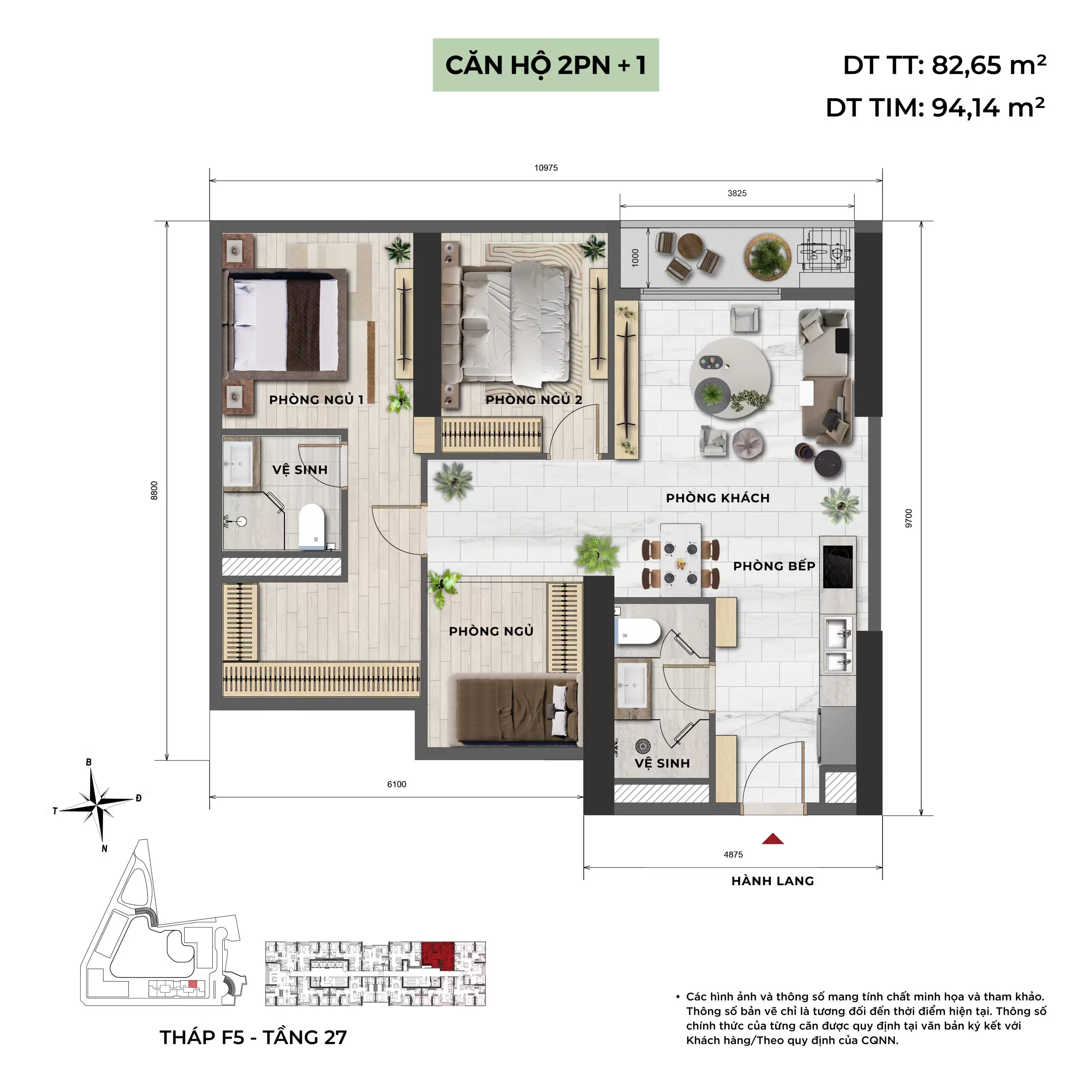 Layout căn 2pn+1 tòa F5 Sun Feliza